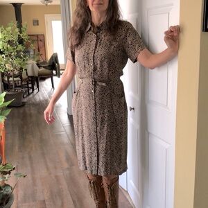 10 Vintage 100% Silk Leopard Dress Pockets Button Down Belt Casual Glamour Work